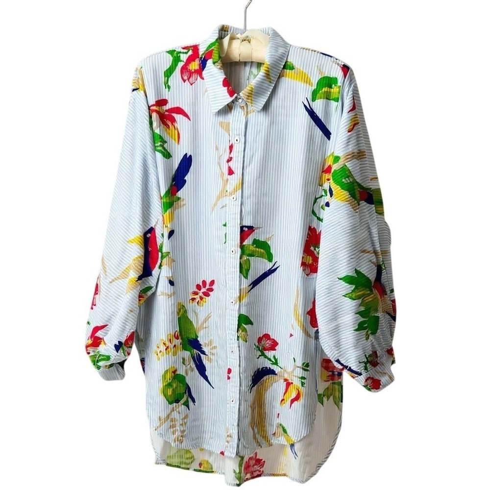Anthropologie SMALL Blue Tropical Bird‎ Floral Button Down Tunic Shirt - CJ